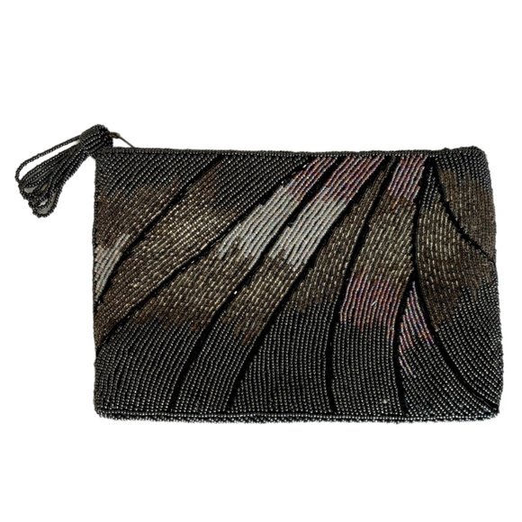 ADG Handbags - RARE gray+gold+black beaded Art Deco evening clutch handbag w/zipper tassel